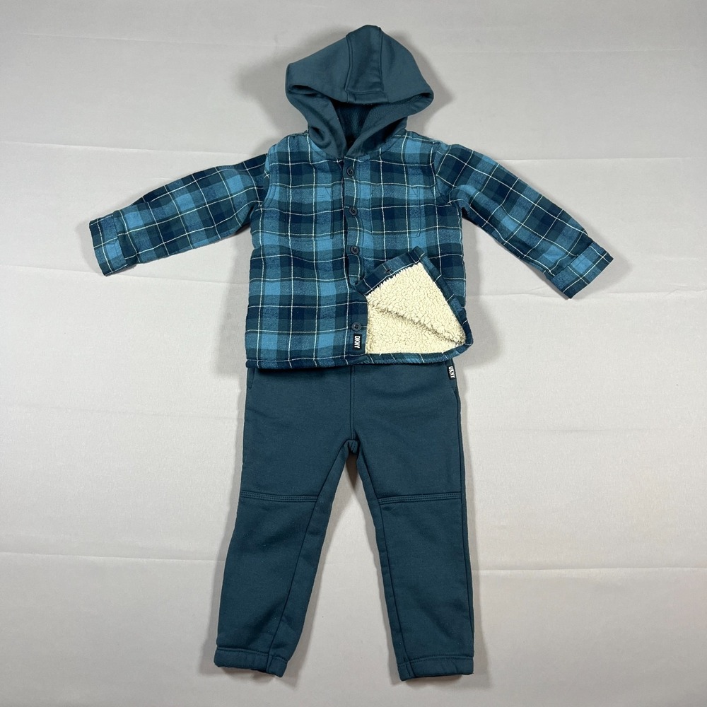 Dkny Outfit Set Kids 24M Blue Plaid Sherpa Lined Hooded Cotton Elastic Waistband
